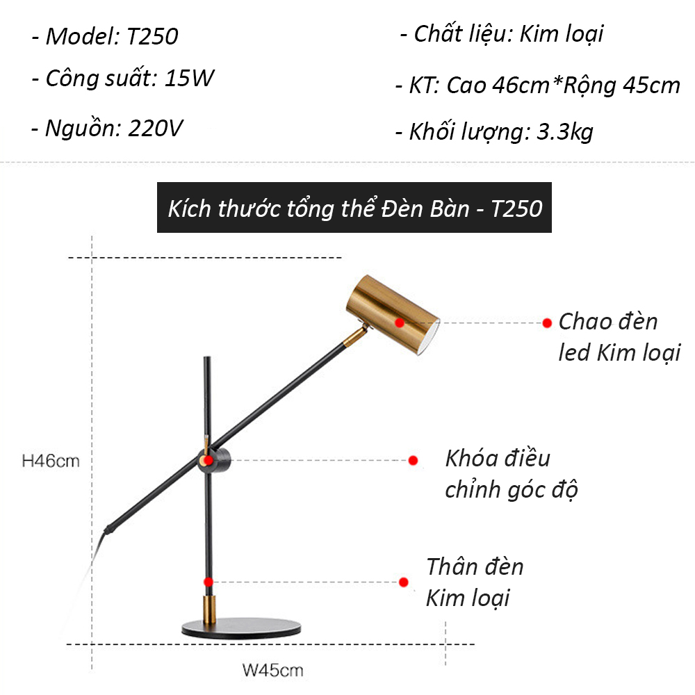 Đèn bàn làm việc Kim loại phong cách Cổ điển Bắc Âu, Bóng Led 15W - Model: T250