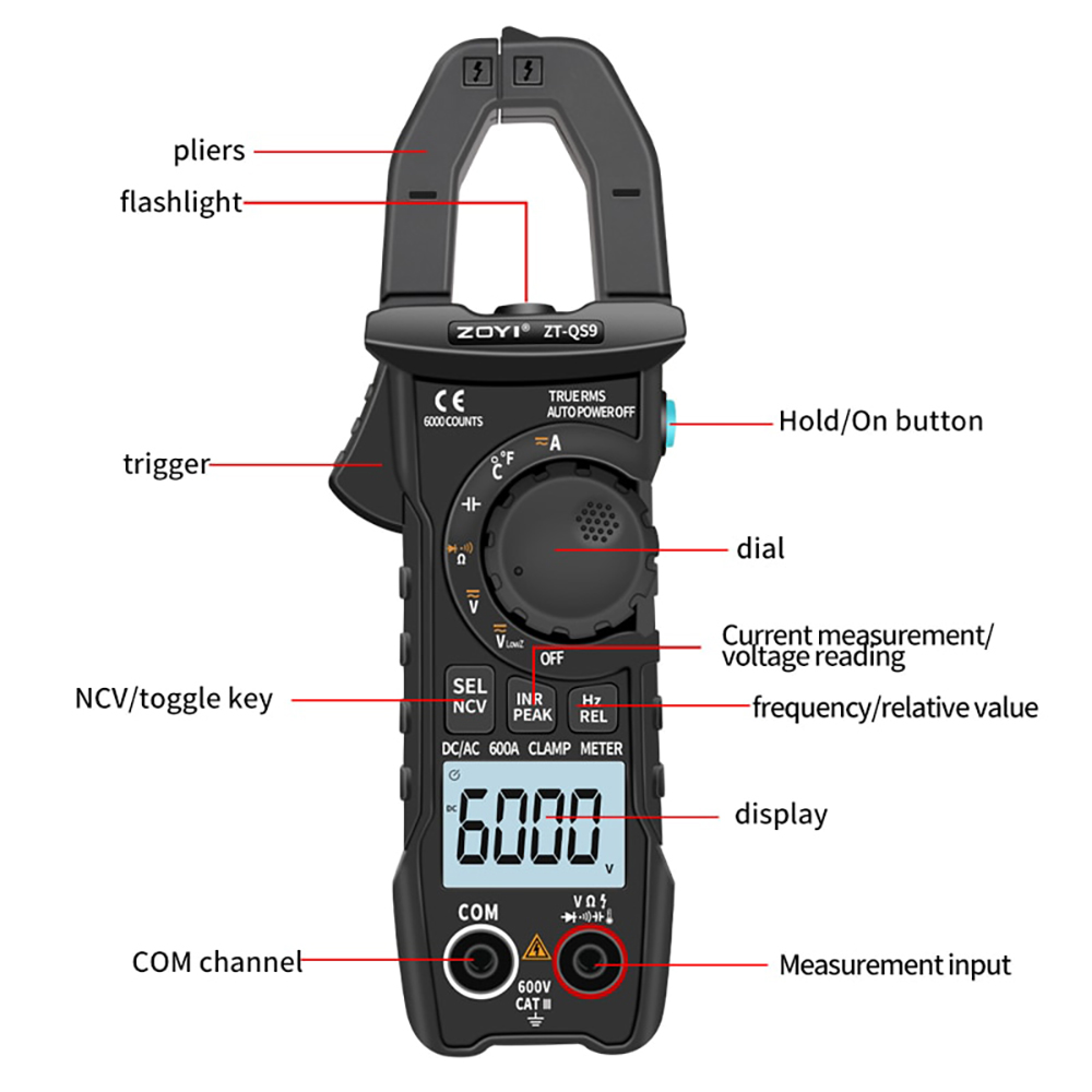 Đồng hồ, ampe kìm ZT-QS9 đo điện vạn năng kỹ thuật số TRMS 6000 số đếm, bộ kẹp khởi động kỹ thuật số, đo dòng điện AC/DC, đo chống nhiễu