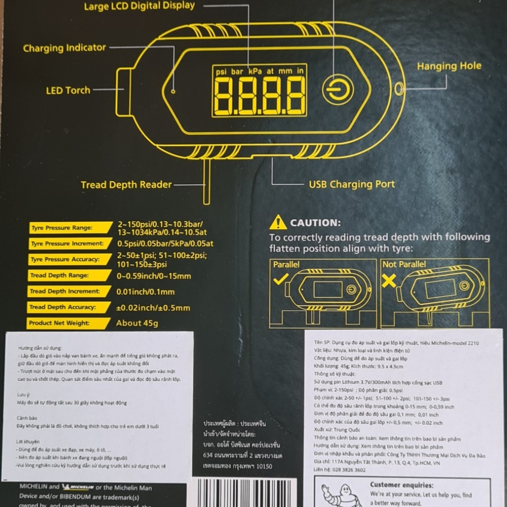 Đồng hồ đo áp suất lốp đo độ mòn lốp gai điện tử tích hợp sạc usb Michelin M2210 - Hàng chính hãng