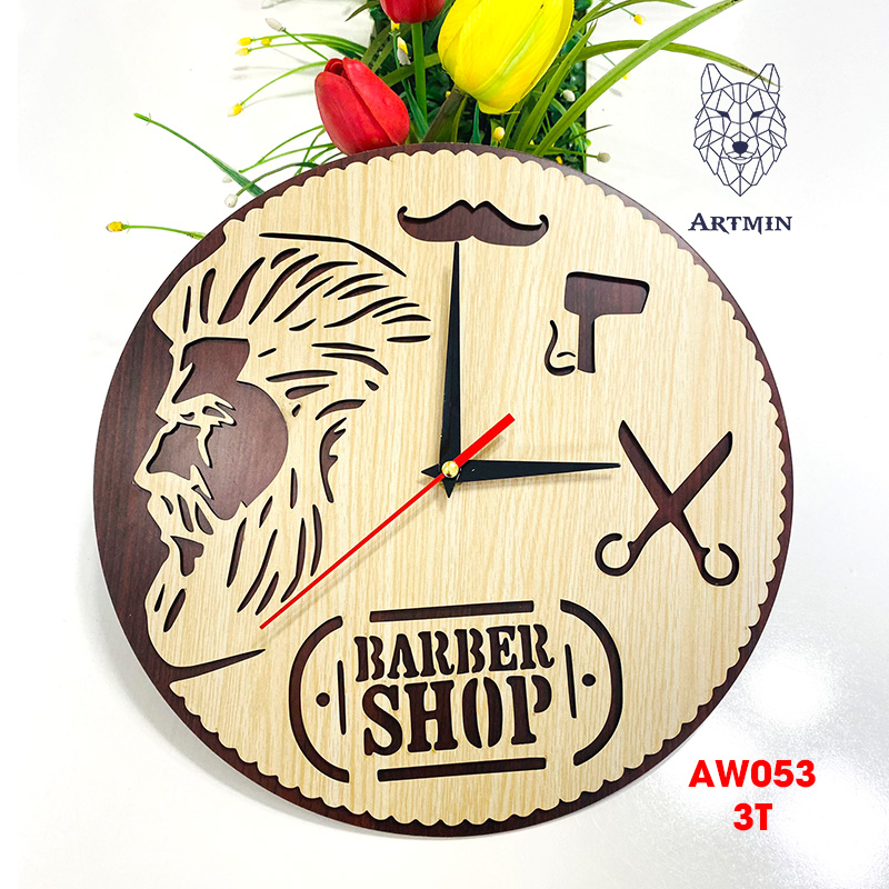 AW053 - Đồng Hồ Gỗ Treo Tường Hair Salon - Đồng Hồ Decor New Barber Shop