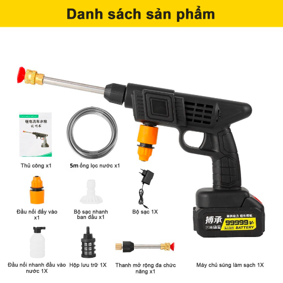 Máy xịt rửa xe áp lực cao dùng pin, vòi xịt nước mini  không dây pin lithium cực mạnh