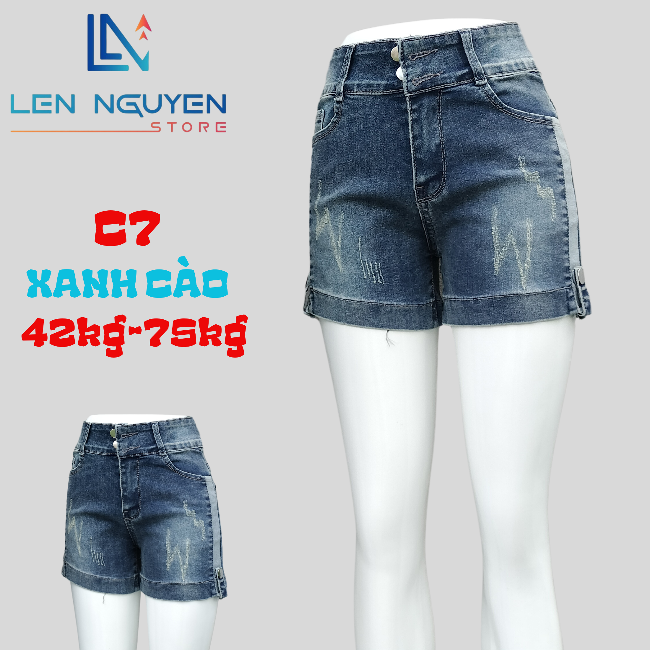 C7_Quần Jean Đùi Nữ 2 Nút, Quần jean nữ shot đùi xanh cào, xanh nhạt  kiểu túi sau, Quần jean nữ đùi ống ôm,quần đùi bò nhiều màu, lưng cao, co giãn thoải máy , cho cân nặng 42kg đế 75kg Pants Women Denim