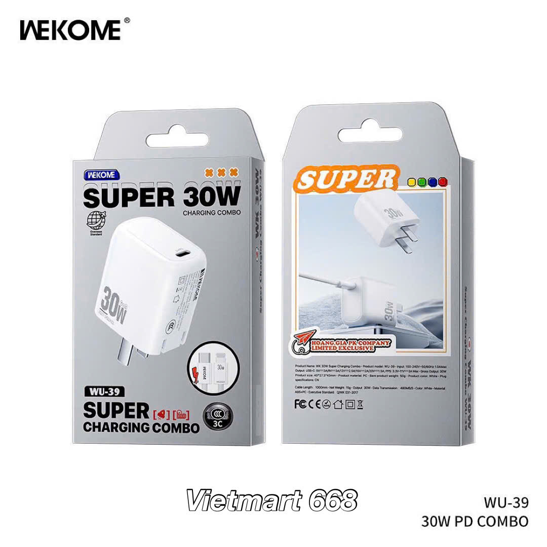 Bộ Sạc Nhanh 30W WeKome WU-39 Dành Cho iPh, SS - Kèm Cáp Sạc Bọc Dù Chắc Chắn - Hàng Chính Hãng