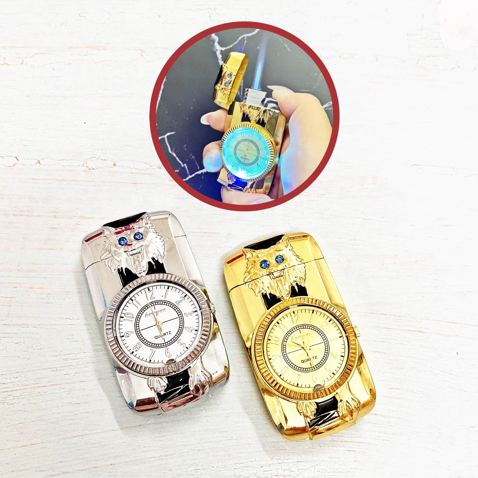 Bật lửa hột quẹt khè đồng hồ 2IN1 hình chó sói có đèn Led nhấp nháy - xài ga