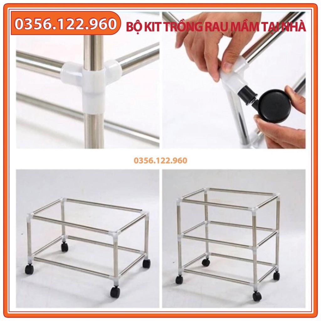 Bộ kit Kệ Khay trồng rau mầm 3 khay 3 tầng bao gồm: Giá đỡ có 4 bánh + 3 Khay trồng + 200g Hạt giống + Vòi xịt nước.