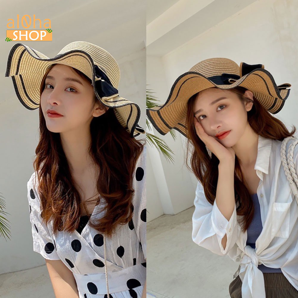 Nón cói vành sóng viền đen - mũ cói mềm thắt nơ chống nắng, đi biển - al0ha Shop