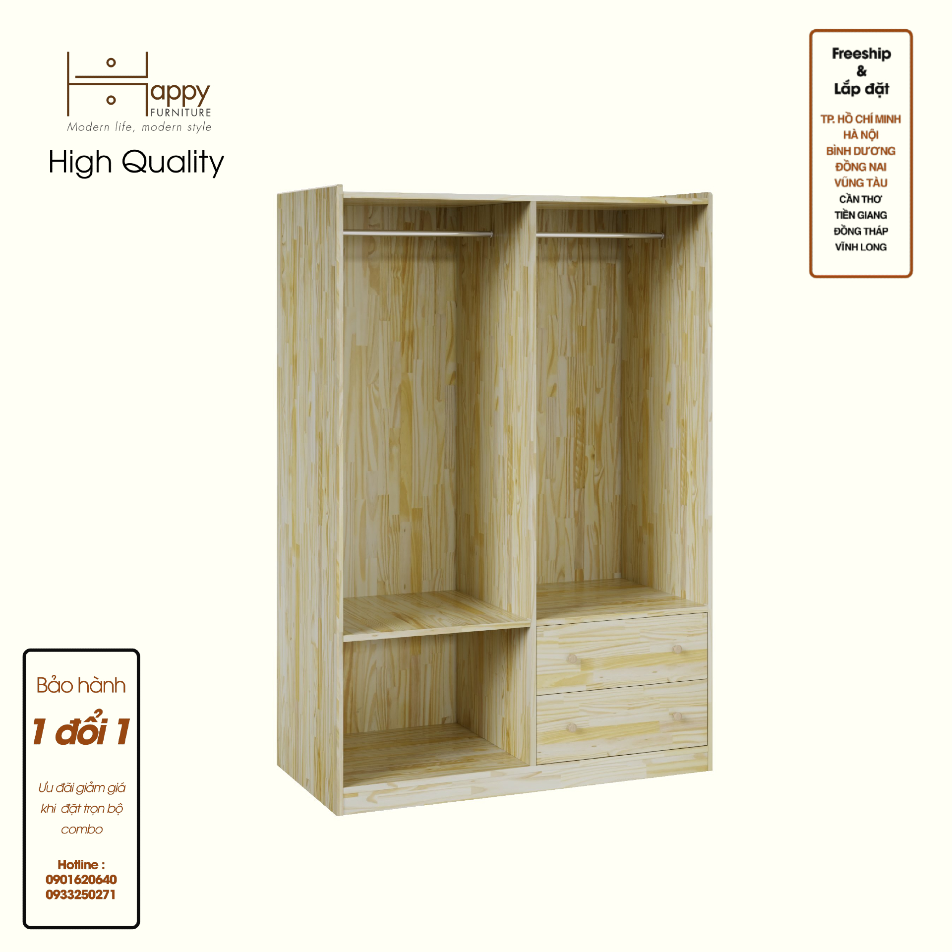 HAPPY FURNITURE , Gỗ tự nhiên , Tủ quần áo 2 ngăn kéo - GAMZE , THK_193 , 120cm x 59cm x 176cm