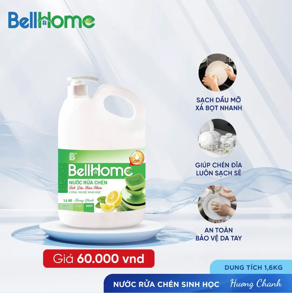 Nước Rửa Chén Công Nghệ Sinh Học Bell Home Hương Chanh 1,6 KG