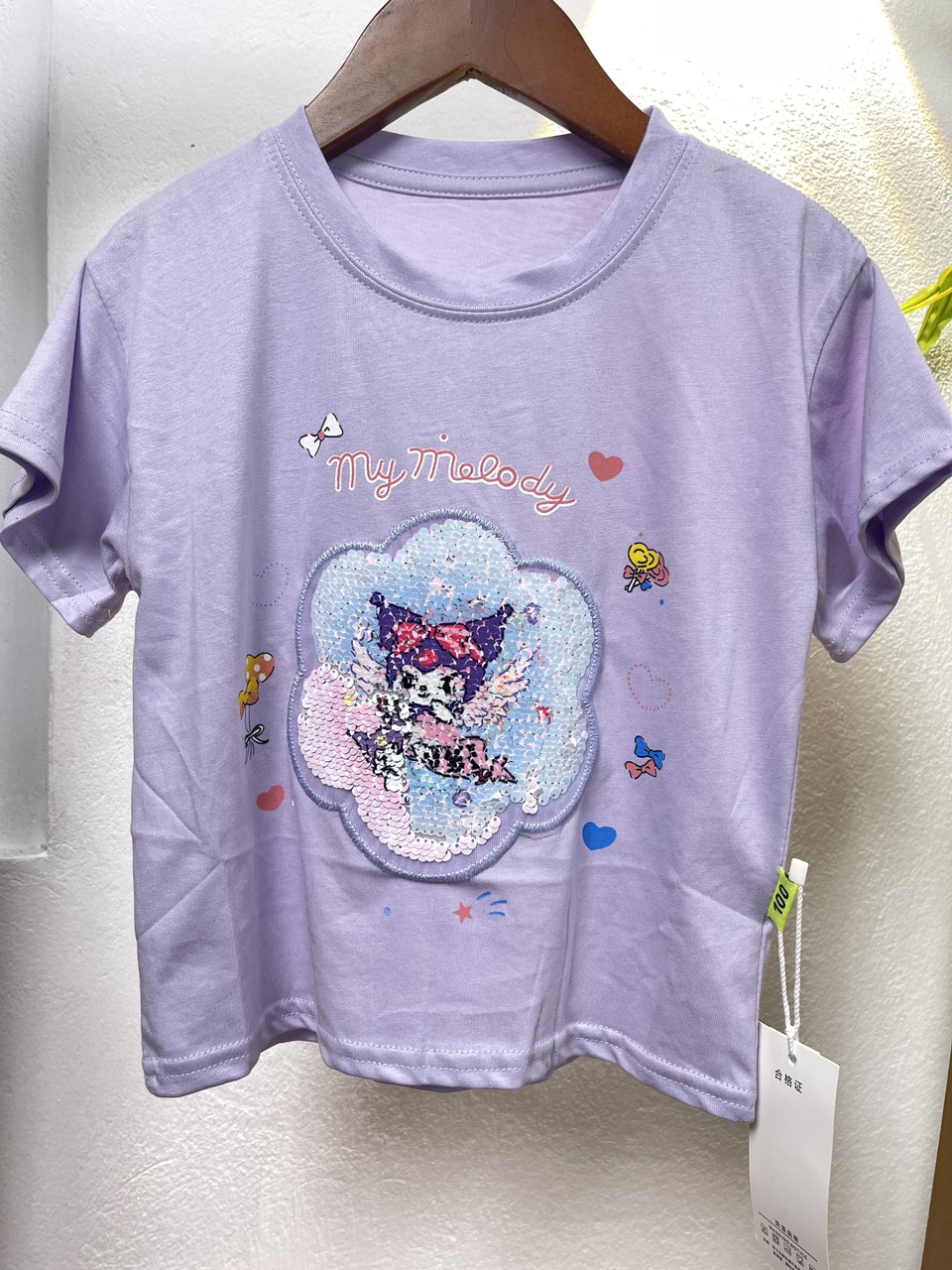 Áo thun bé gái cộc tay 3-8 tuổi hình kuromi lật cườm phát sáng vải cotton co giãn thấm hút mồ hôi kiểu dáng thời trang
