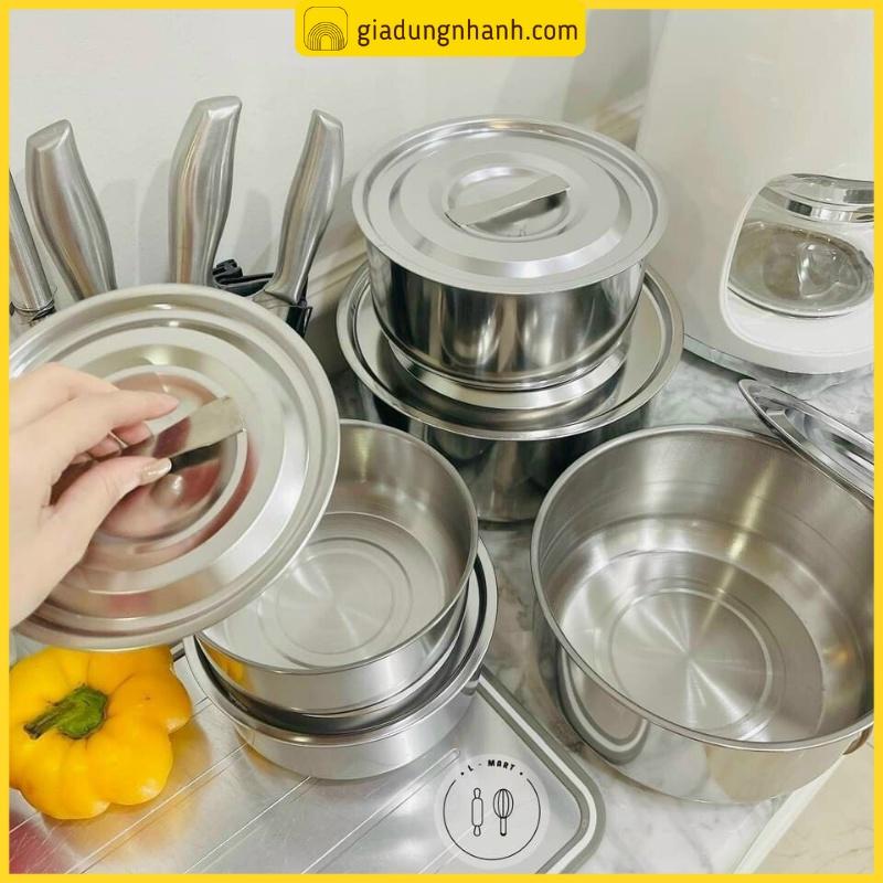 Bộ 5 Thố Inox Không Quai Có Nắp Đậy Đủ Kích Thước Cao Cấp