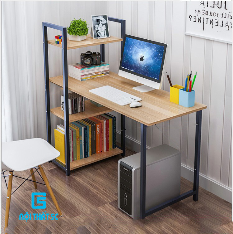 Bàn làm việc, Bàn máy tính kết hợp với giá sách hiện đại, trẻ trung, mặt bàn kích thước lớn để đồ thoải mái