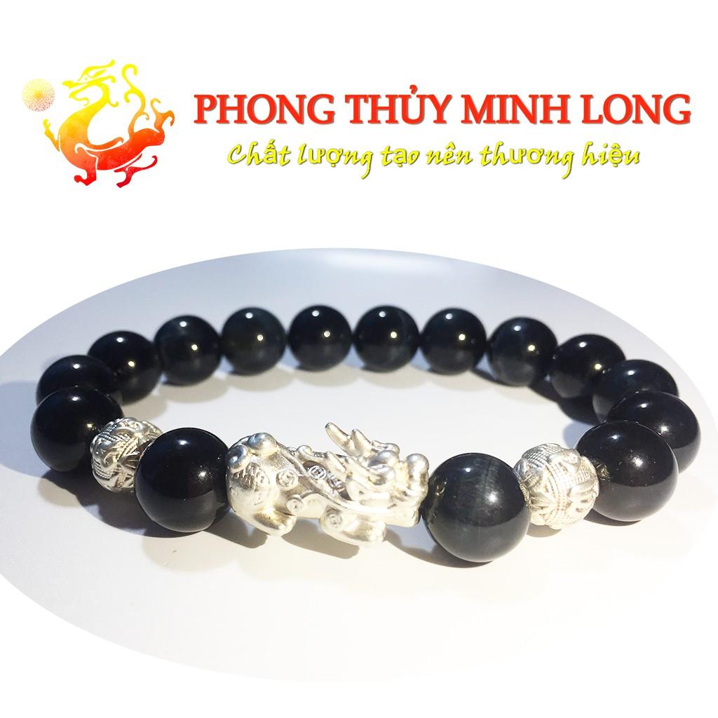 Vòng tay đá mắt hổ Chim Ưng xanh đen chất lượng 5A mix tỳ hưu và 2 hạt kim tiền Bạc hợp mệnh Thủy và Mộc