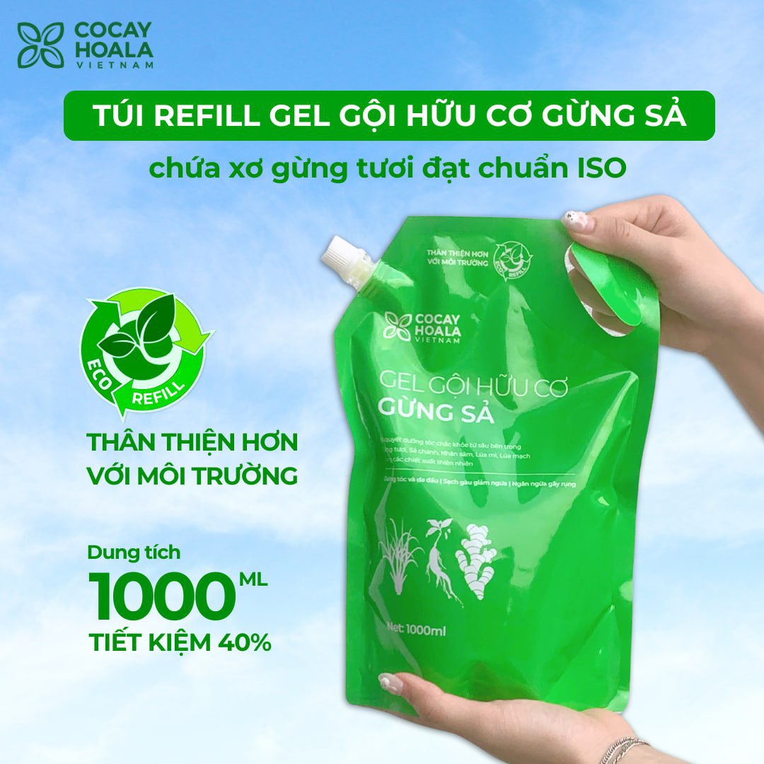 Dầu Gội Thảo Dược Hữu Cơ Cỏ Cây Hoa Lá Gừng Sả Kích Mọc Tóc, Ngăn Tóc Bết Dầu Túi Refill 1000gr