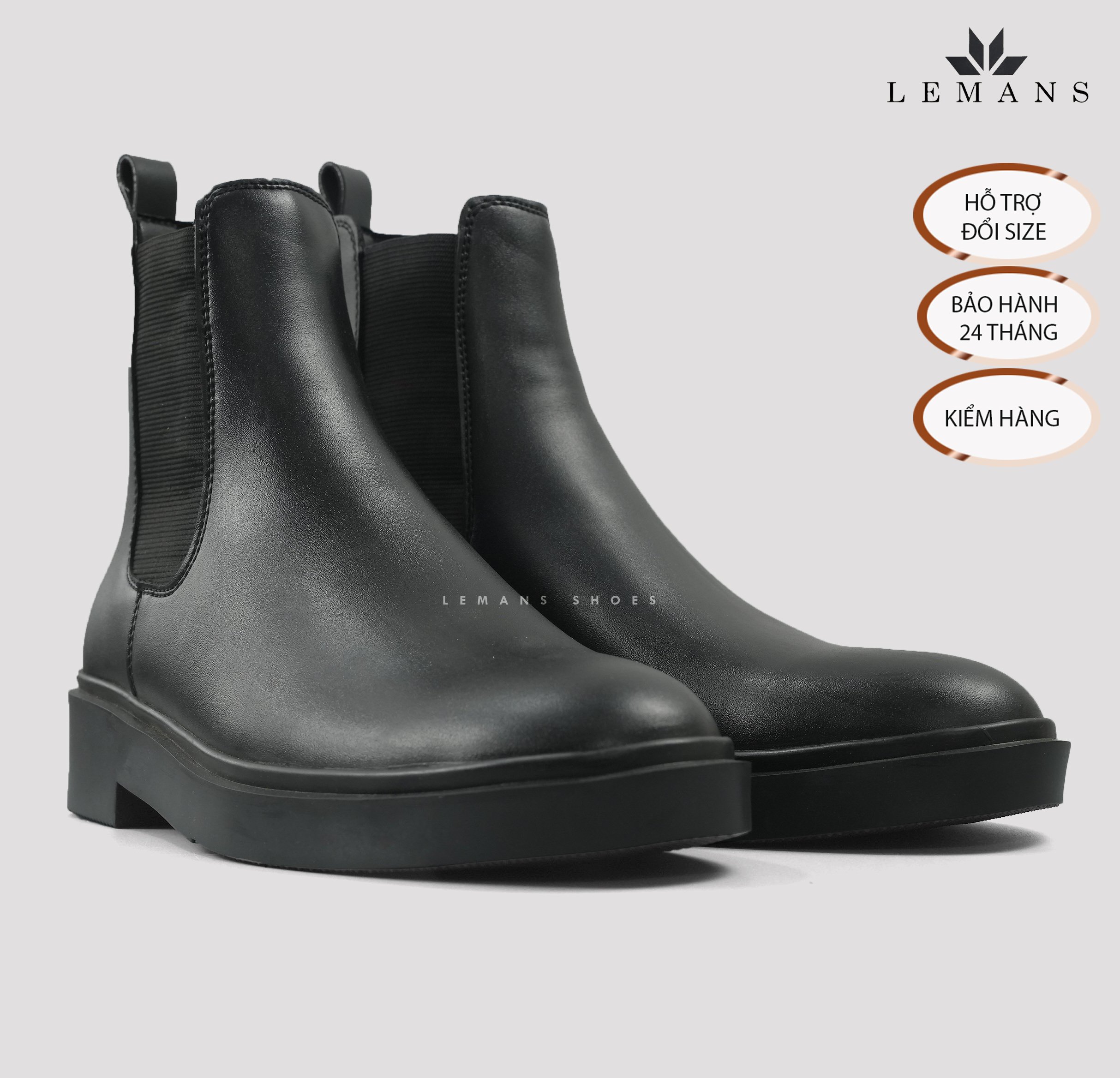 Giày da bò Chelsea Boots Black LEMANS CB66, đế Lemans cao 4cm, boot nam chelsea boot nam, bảo hành 12-24 tháng