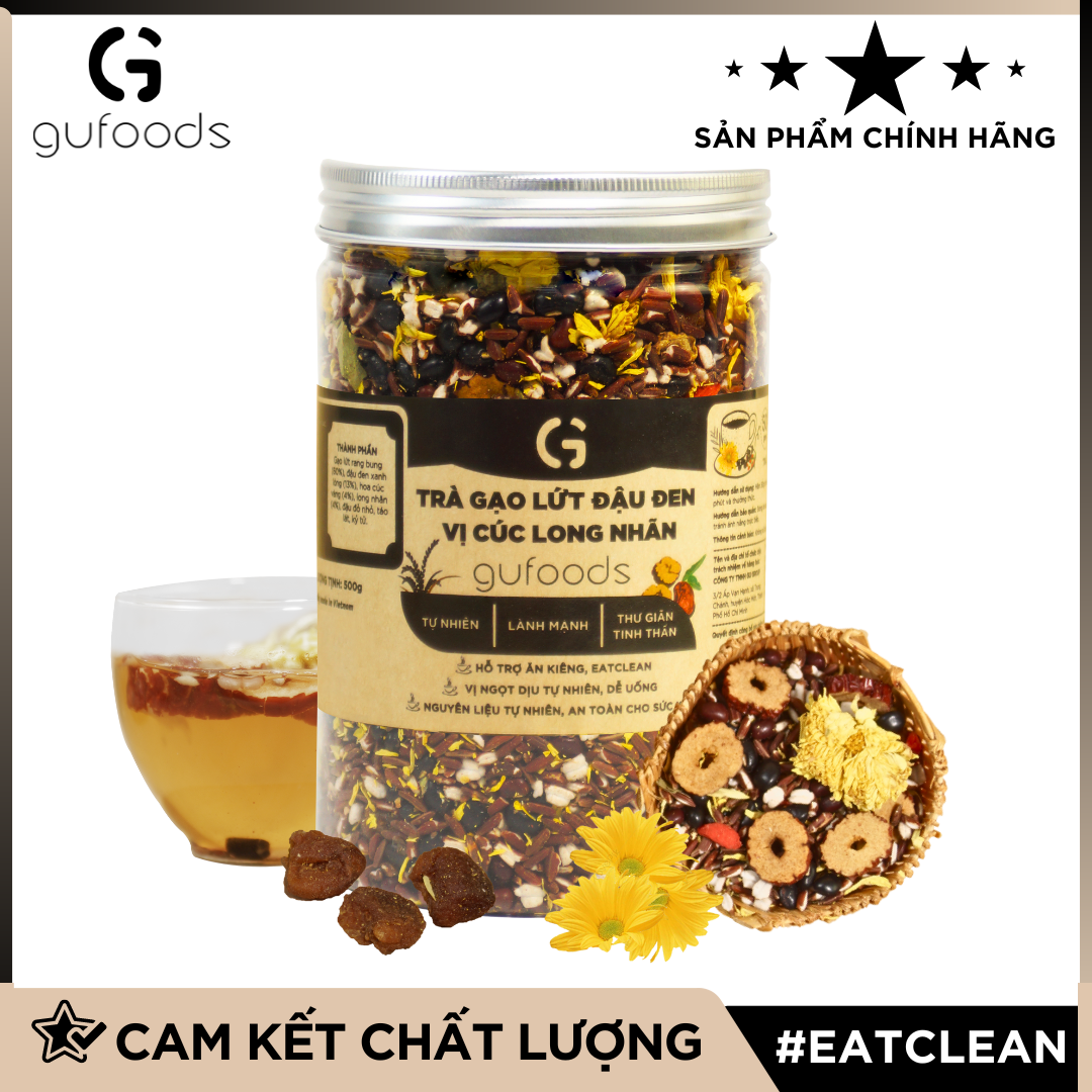 Trà Gạo Lứt Đậu Đen Thanh Nhiệt Gufoods - Tự Nhiên, Healthy, Thanh Lọc Cơ Thể, Mát Gan, Cải Thiện Giấc Ngủ, Đa Dạng Hương Vị - Hũ 500G - Vị Cúc Long Nhãn