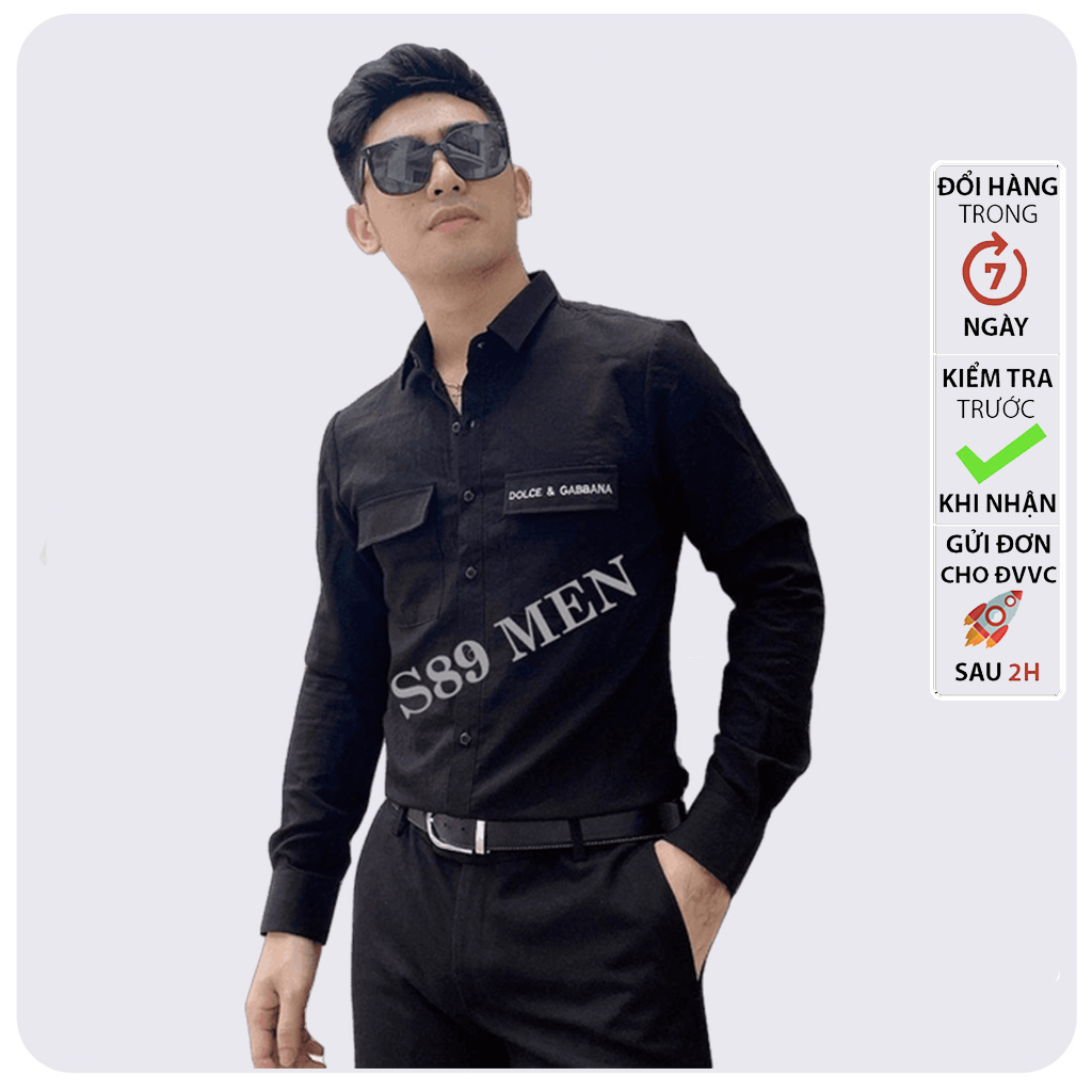 Áo sơ mi nam vải đũi dài tay cao cấp thêu tay D&G