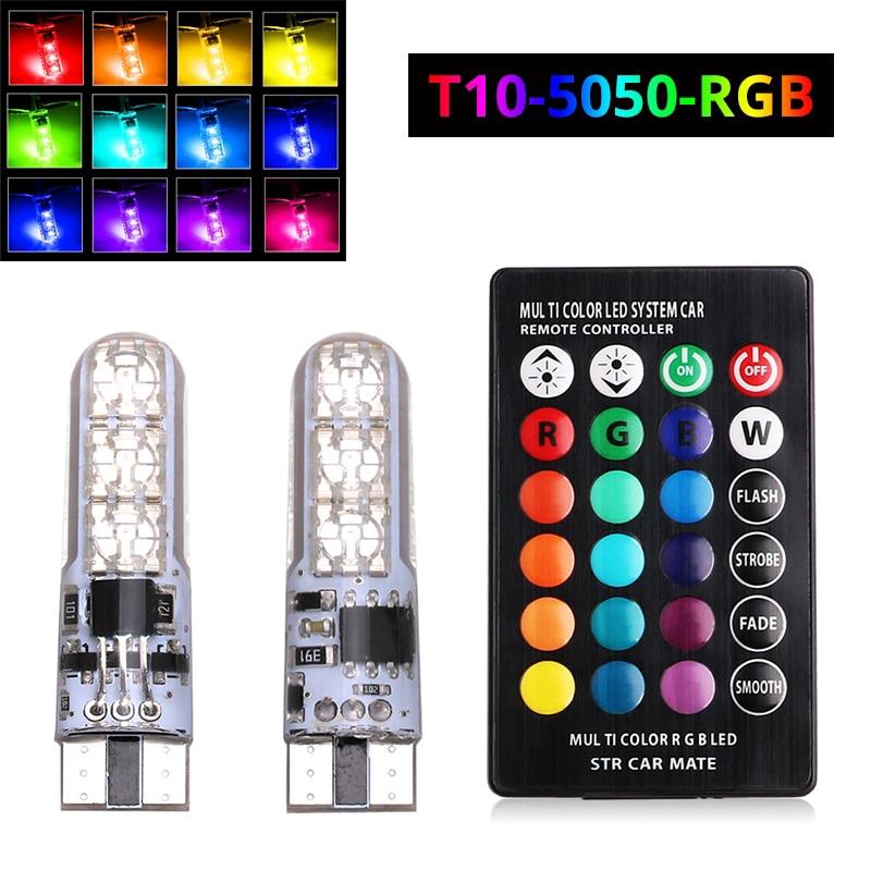 2 miếng T10 5050 Bóng đèn LED màu bóng đèn RGB 6SMD Wedge với điều khiển từ xa 12V