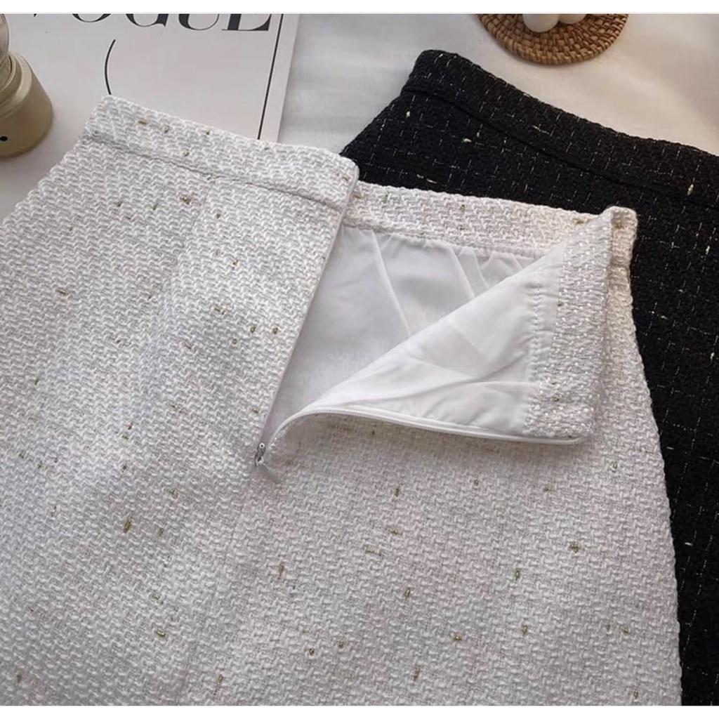 MS1019 Chân váy dạ tweed dáng chữ A phối chân ren siêu xinh