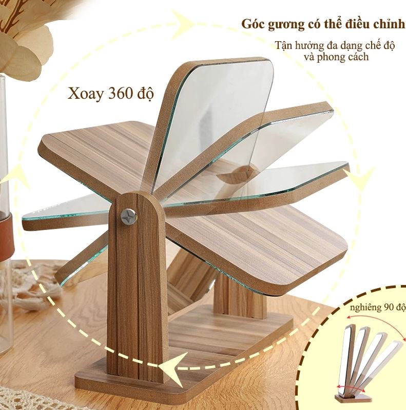 Gương Trang Điểm, Gương Để Bàn Bằng Gỗ Cao Cấp Xoay 360 độ