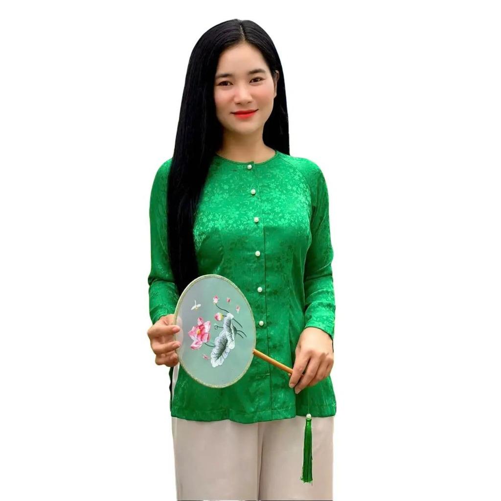 (BÀ BA GẤM HOA NỖI Bigsize) Trang phục truyền thống, Bộ quần áo nữ Phật tử, đồ lam đi chùa mẫu nữ vải gấm 7XL - Tím không quần