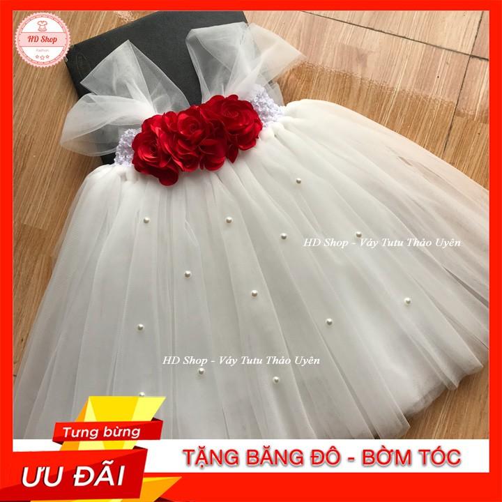 Váy tutu cho bé ️FREESHIP️ Váy tutu trắng hoa hồng đỏ đính đá cho bé gái