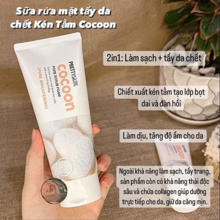 Sữa rửa mặt tẩy da chết kén tằm thải độc cho da, bổ sung collagen Prettyskin Cocoon Scrub Foam 150ml tặng móc khóa