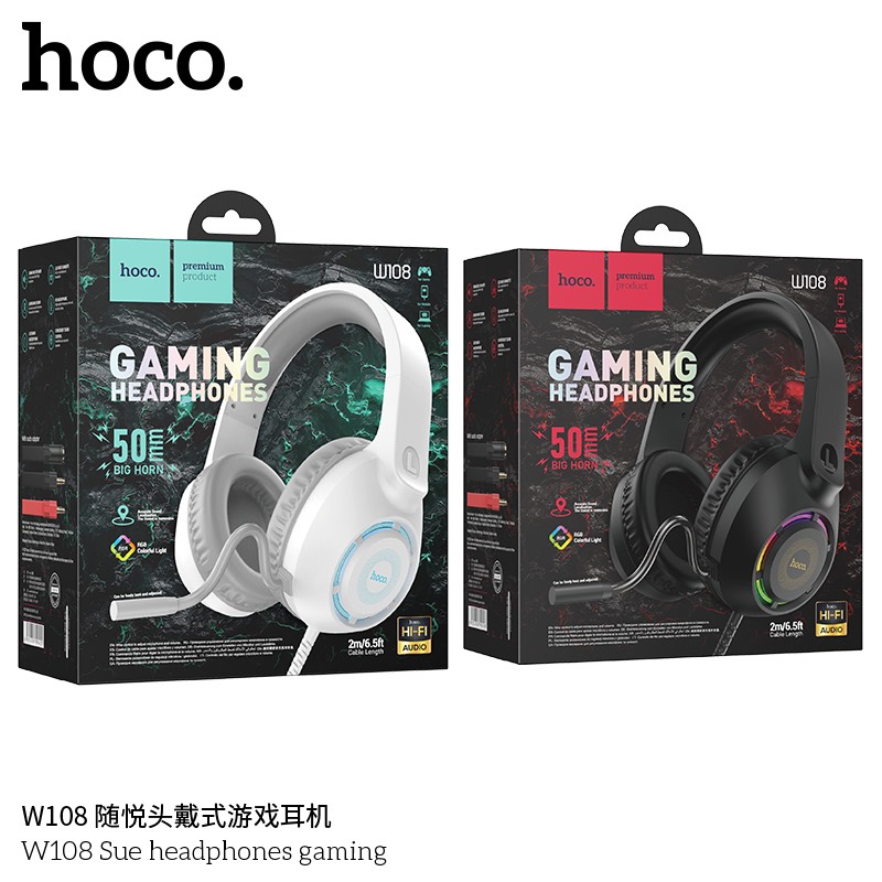 Tai nghe chụp tai gaming 1 chân 3.5mm đèn LED cho điện thoại laptop hoco W108 _ Hàng chính hãng