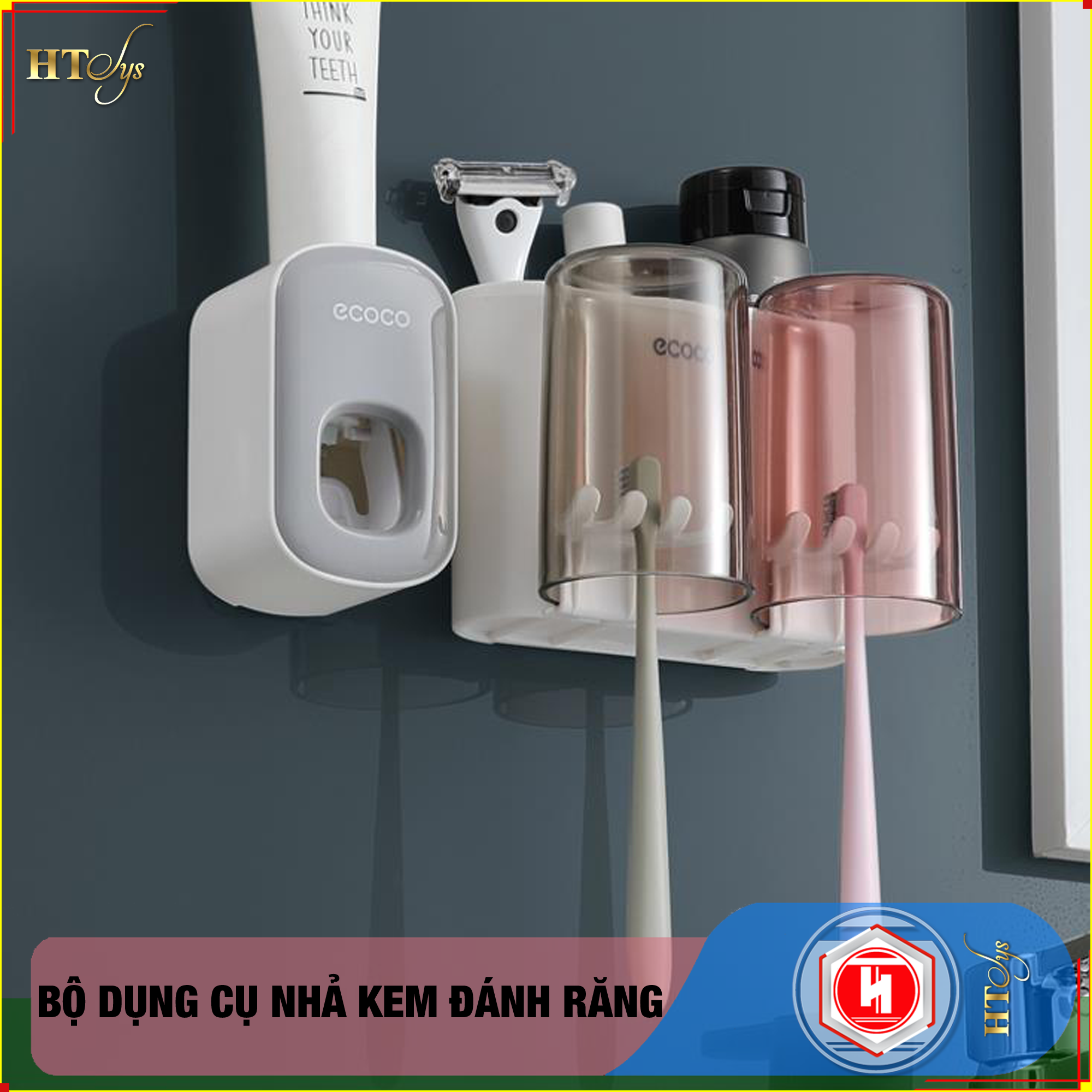 Bộ dụng cụ nhả kem đánh răng tự động 2/3/4 cốc và giá treo bàn chải đa năng HT SYS-ECOCO-Chất liệu ABS cao cấp + 01 sét móc vàng tài lộc - Hàng Nhập Khẩu