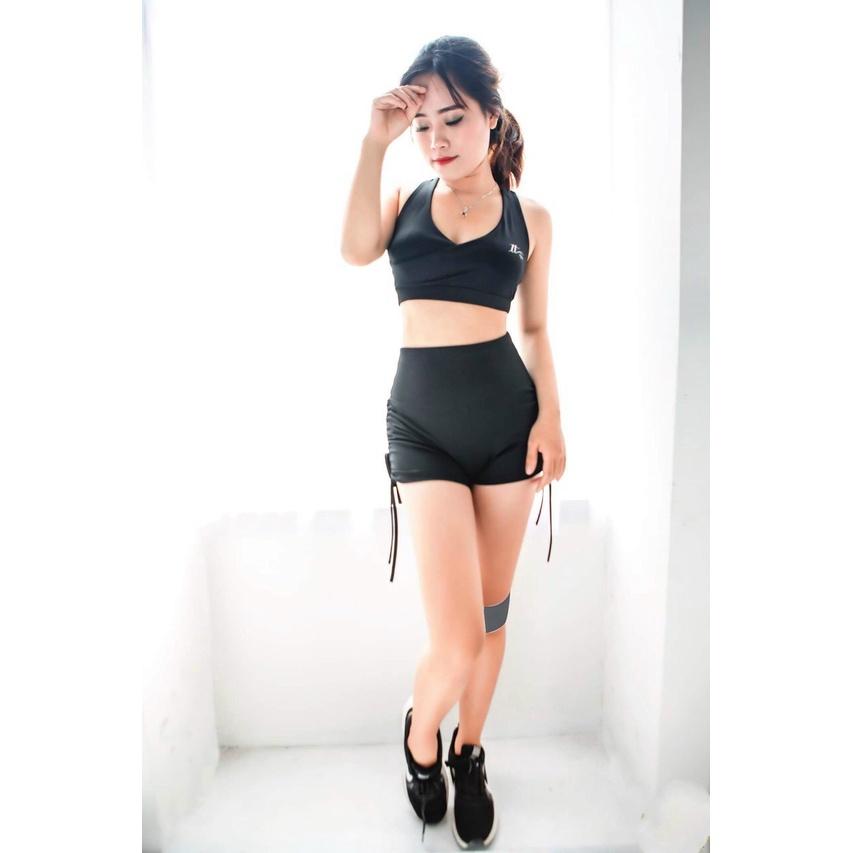Đồ tập gym , yoga, aerobic chạy bộ nữ chất liệu thoáng mát co giãn áo bra kèm mút quần đùi rút dây