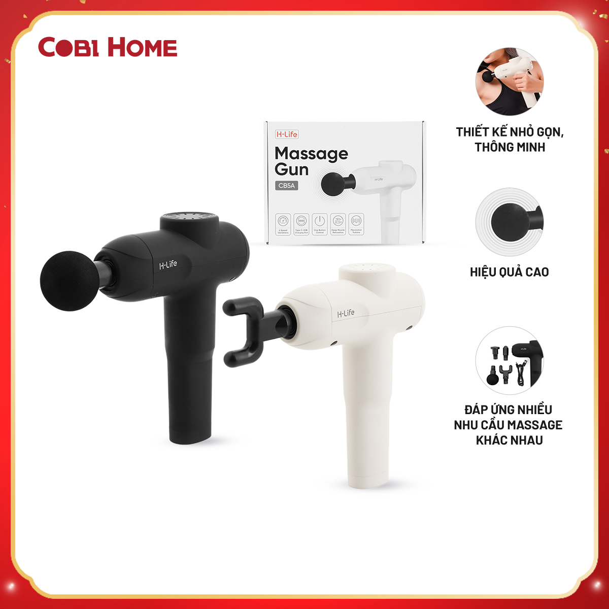 Máy massage H-Life cầm tay - 6 cấp độ, 4 đầu massage H-Life, pin 2000mAh, sạc Type-C - Cobihome