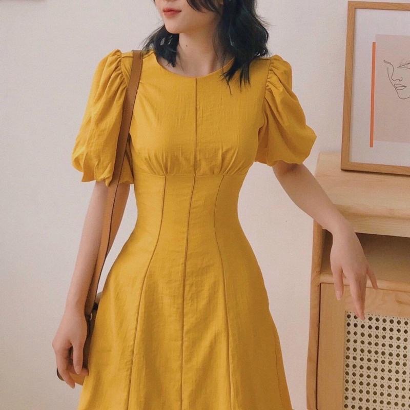 Đầm váy cổ tròn viền sọc nâu 2 màu  phù hợp đi làm đi chơi dạo phố