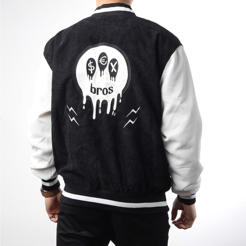 Áo Bomber Nhung Gân Thêu BROS Chất Nhung Mịn Đẹp Form rộng Unisex Nam Nữ Couple jacket Varsity Graffiti