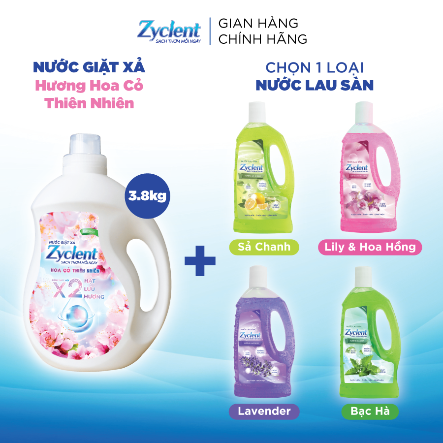 [COMBO TIẾT KIỆM] Nước giặt xả Zyclent Superior 3,8KG + Nước lau sàn Zyclent 1KG (TẶNG Nước rửa chén 750G)