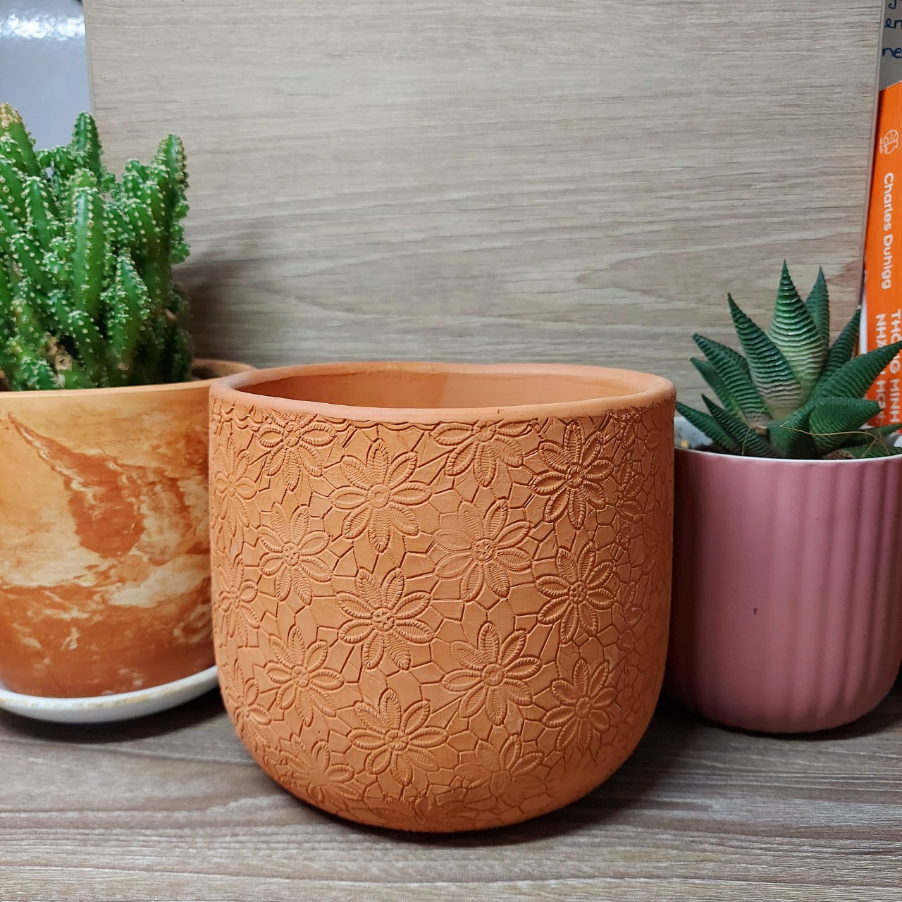 Chậu đất nung hoa cúc Bông Garden trồng cây cảnh để bàn size lớn và nhỏ kt miệng 13cm và 17cm