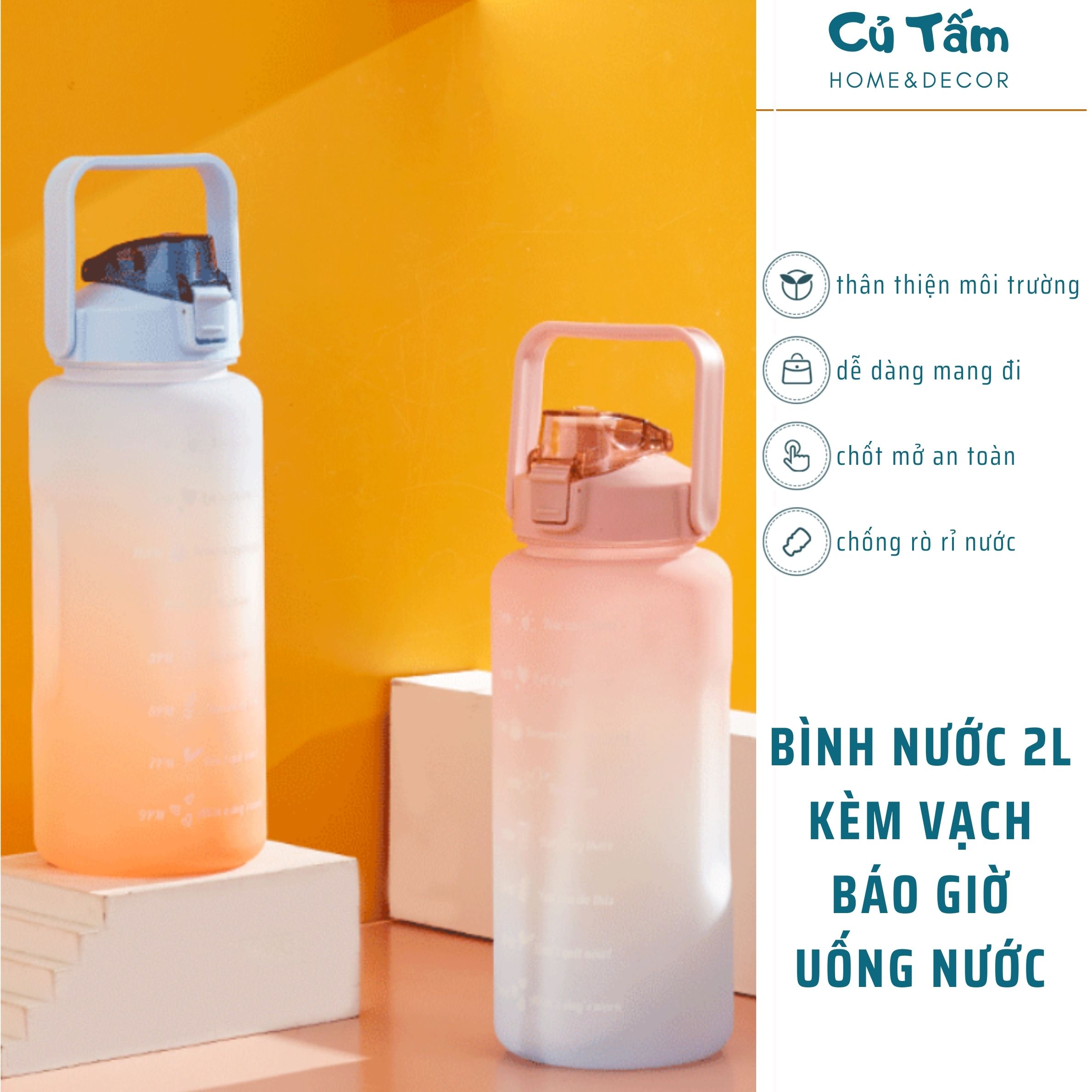 Bình đựng nước nhựa cao cấp loại 2 lít, bình kèm ống hút có stikers dễ thương, bình tập gym, tập thể thao loại 2L