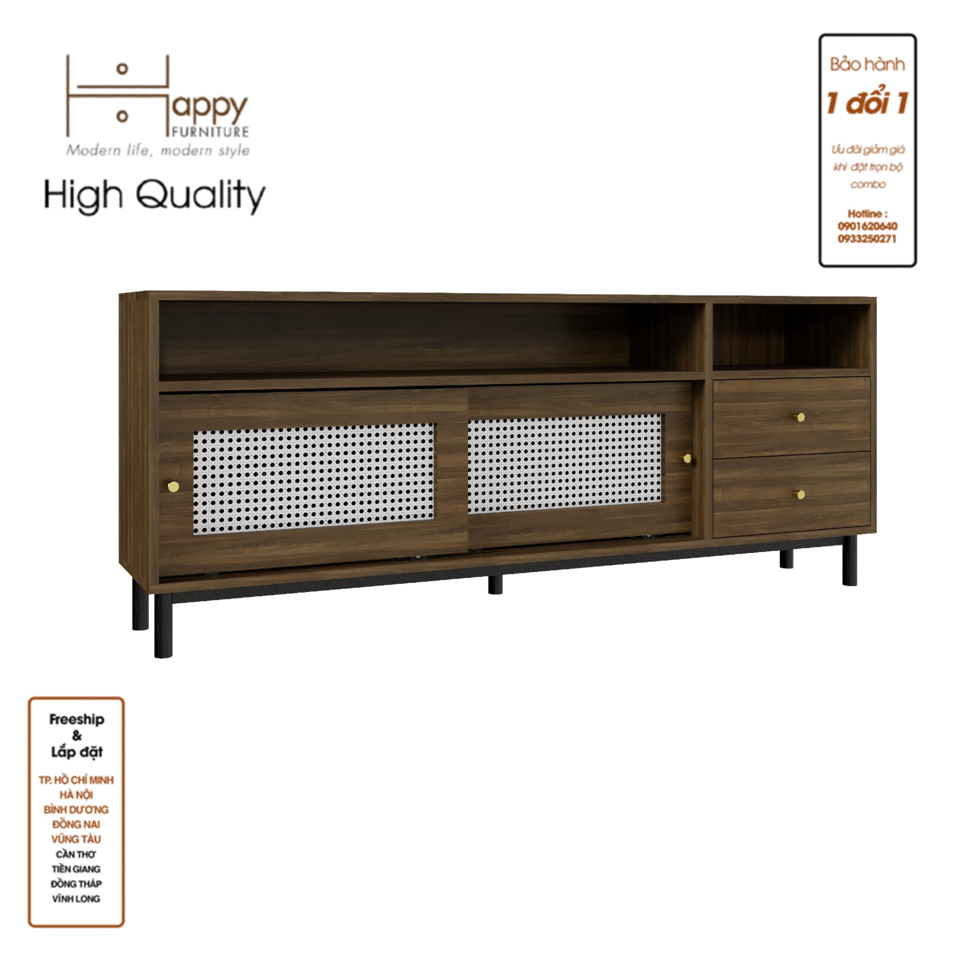 [Happy Home Furniture] ROTAN, Tủ lưu trữ 2 cánh lùa - 2 ngăn kéo - chân sắt, 160cm x 30cm x 64cm ( DxRxC), TCL_032