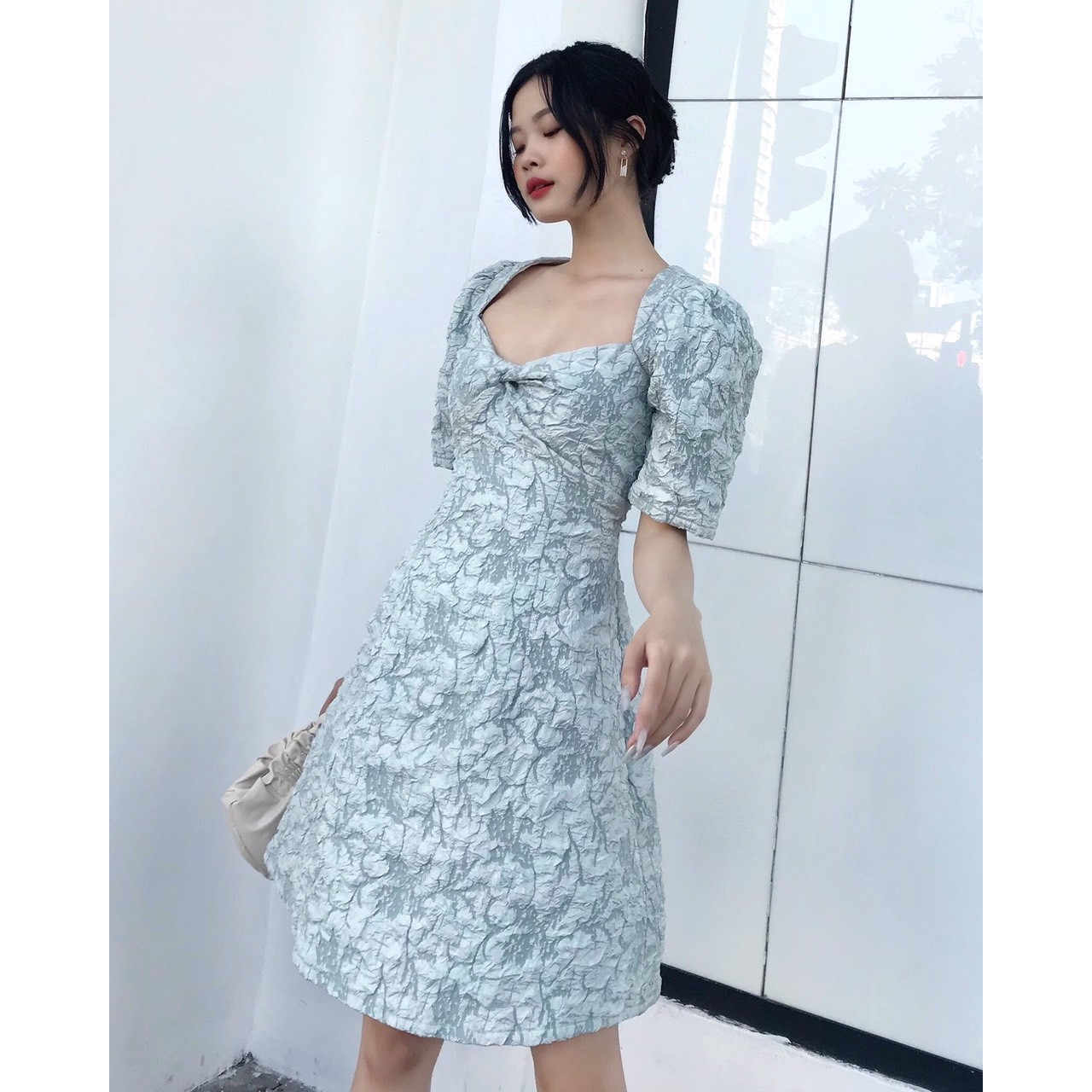 Đầm xòe gấm xốp-xanh