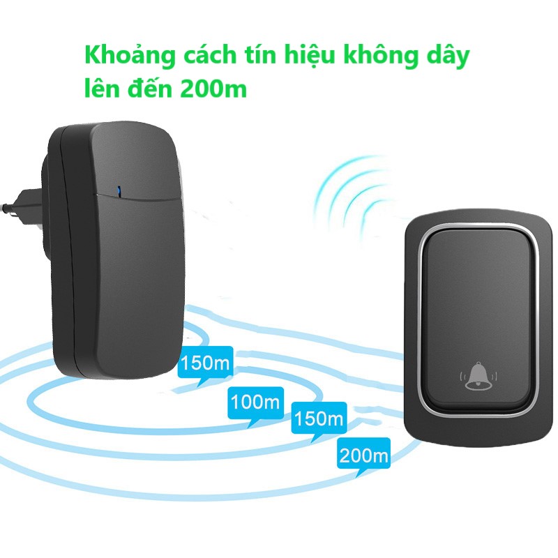 Chuông Cửa Không Dây Không Dùng Pin, Chuông Bấm Chống Nước Khoảng Cách 200m Báo Động Người Già