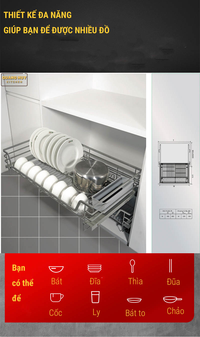 Giá bát đĩa tủ dưới inox sơn Nano bảo hành 10 năm không han gỉ thương hiệu Grob