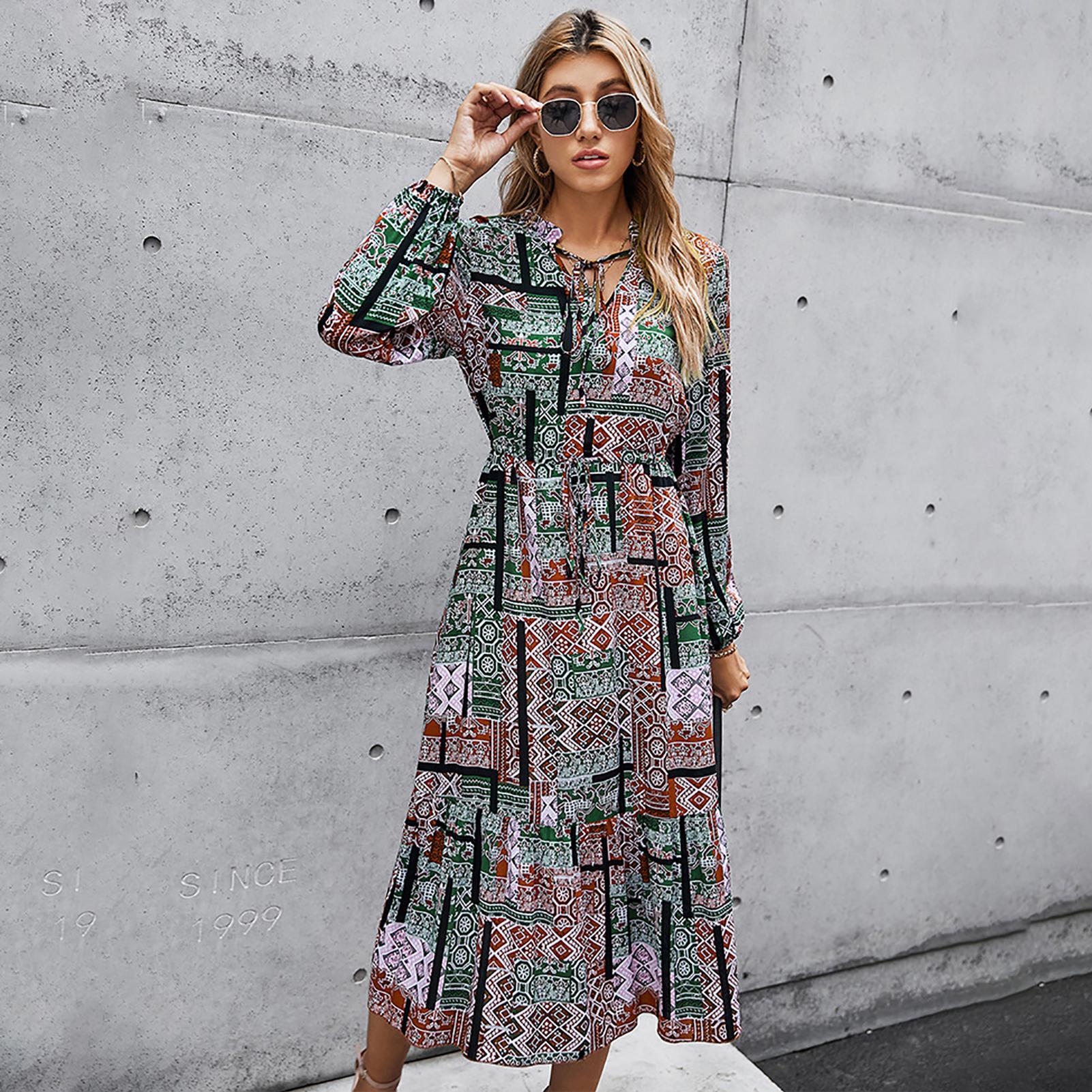 Vintage Women Floral Printed Dress V- Neck Waist Drawstring Long Sleeve Midi Casual Dress