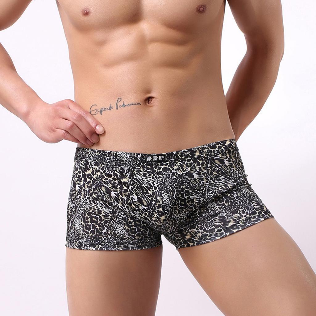 Men's Comfy Black Leopard Print Low Waist Boxer Briefs Underwear Shorts
