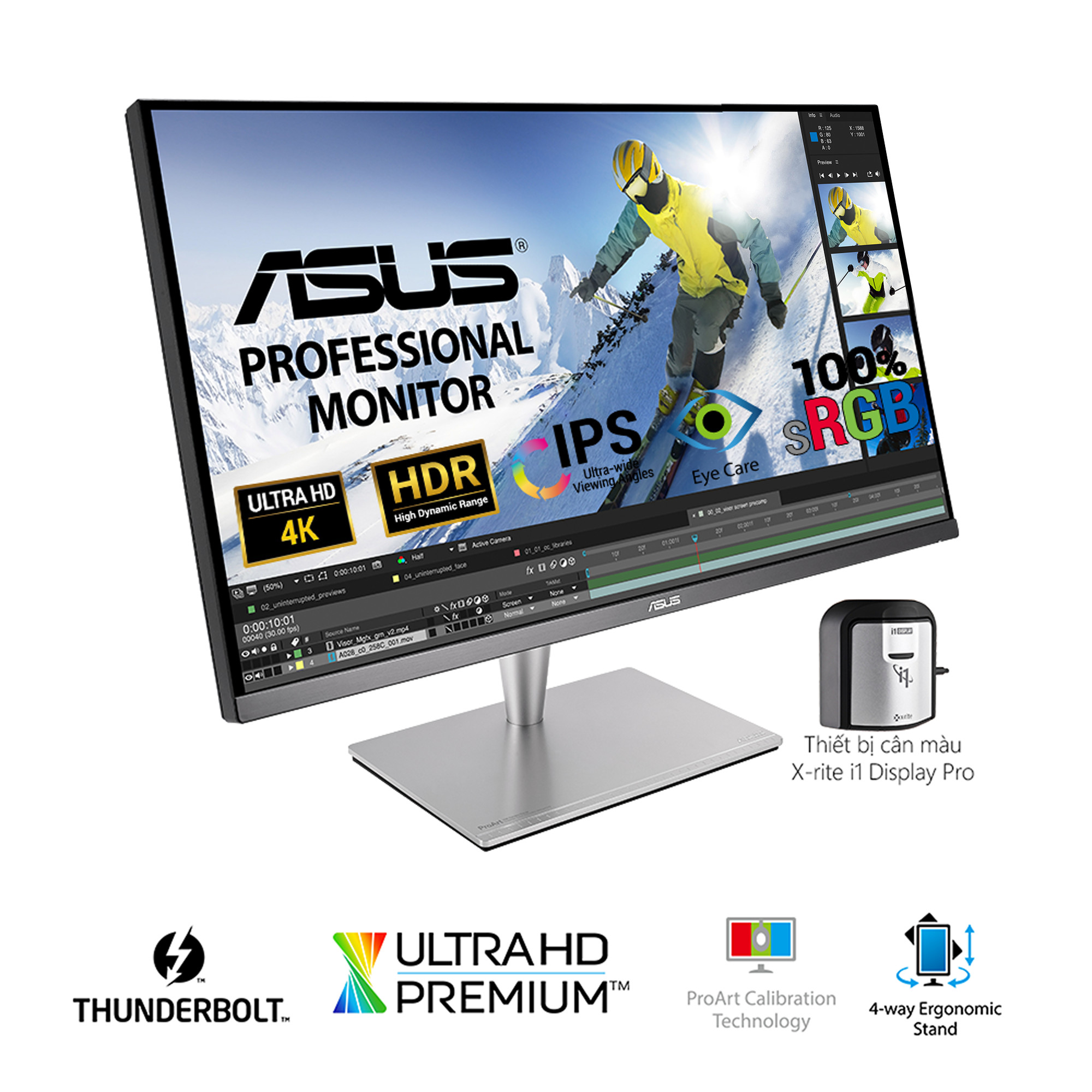 Màn Hình Đồ Họa Chuyên Nghiệp ASUS ProArt PA32UC-K 32'' 4K (3840 x 2160) Professional Thunderbolt 3 Ultra HD Premium IPS/HDR1000/384 Zones Local Dimming/99.5% Adobe RGB/95% DCI-P3/X-Rite i1 Display Pro/Stereo RMS - Hàng Chính Hãng