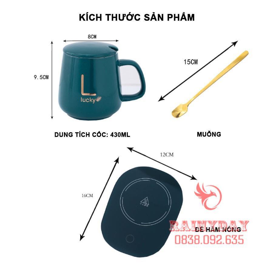 Đế máy hâm nóng đồ uống cà phê sữa cafe trà 55 độ cổng usb thông minh mini kèm cốc sứ thìa hộp