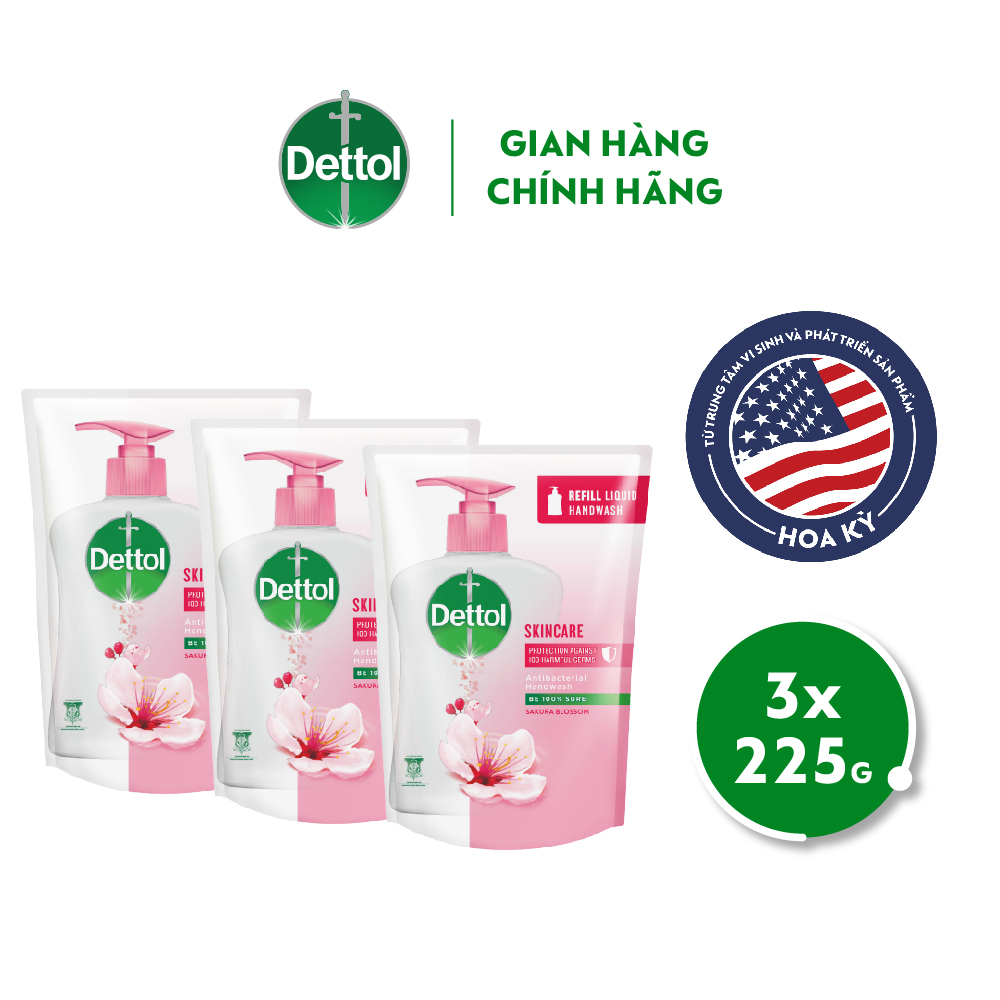 Combo 3 túi nước rửa tay Dettol dưỡng da 225g