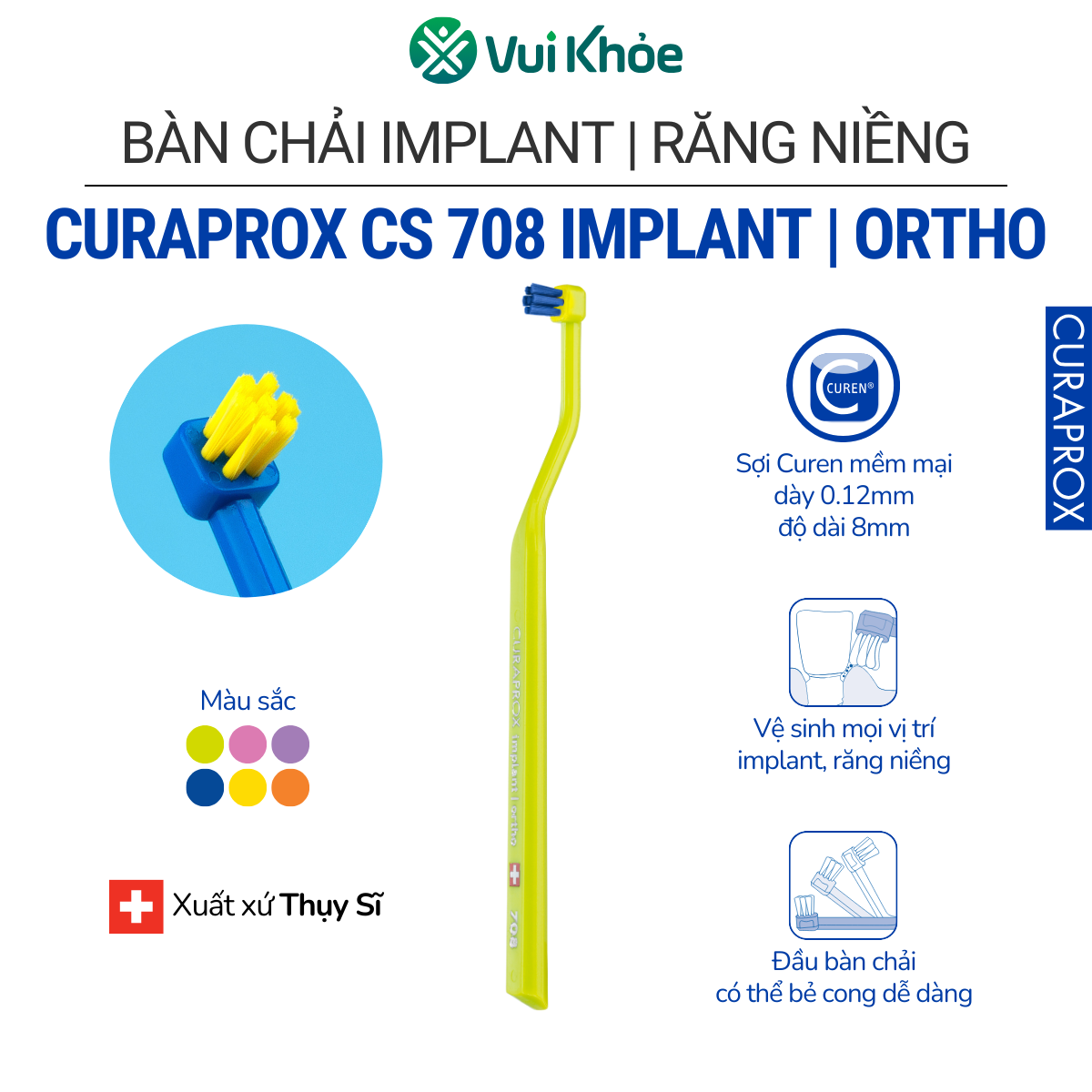 Bàn chải implant, răng niềng Curaprox CS 708 Implant, Ortho | Vỉ 1 cây | Mã SP 73310021