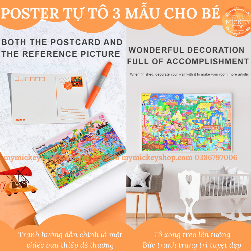 Tranh thủ công tô màu với 3 chủ đề Du Lịch các châu lục chính hãng Mideer World Traveler Coloring Poster cho bé từ 3 tuổi