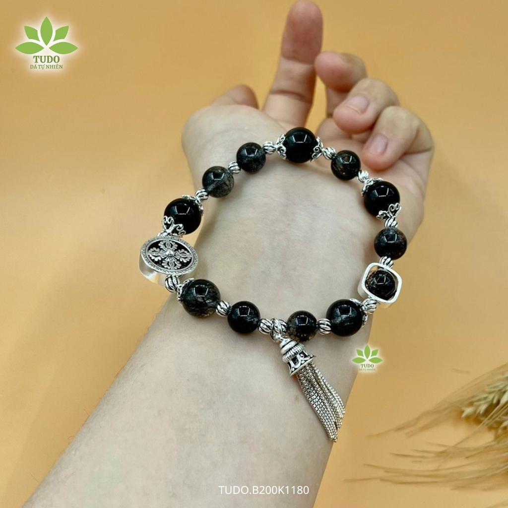 Vòng Tay Nữ Đẹp - Vòng Phong Thủy Mệnh Thủy Mộc TUDO B200K1180 VCBTATDEN đen, Charm Bạc Tua Rua, Bánh Xe Pháp Luân