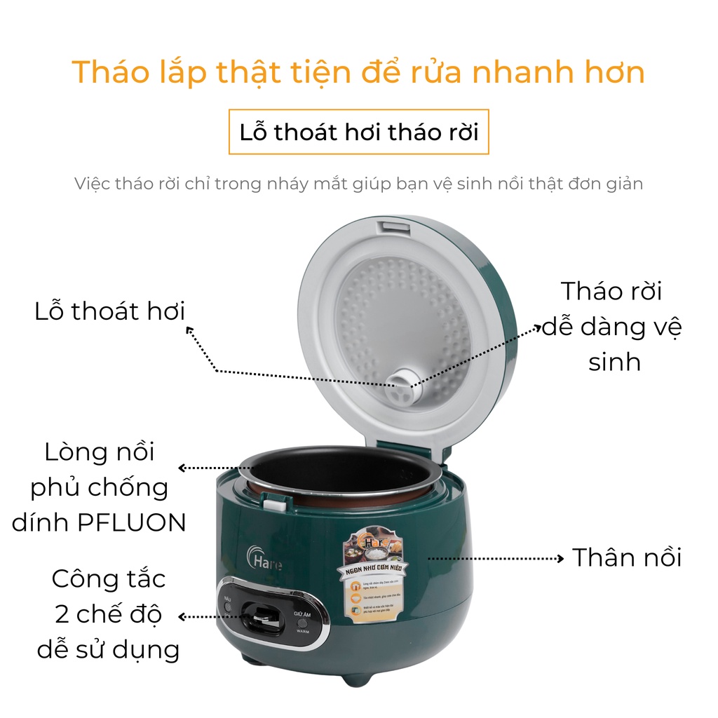 Nồi cơm điện Hare HR-ER806 (0.8L) chống dính PFLUON -hàng chính hãng thương hiệu Hare - Bảo hành 12 tháng