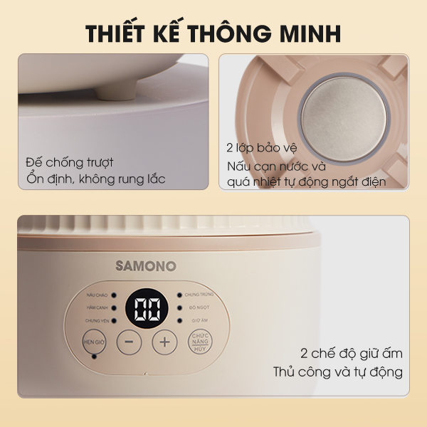 Nồi nấu chậm nấu cháo, ninh, hầm, chưng yến 6in1 SAMONO SW-SCB08 cho bé ăn dặm - Hàng chính hãng