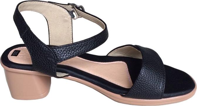 Giày xăng đan nữ quai ngang Trường Hải da bò thật màu đen gót vuông đế PU siêu nhe cao 5cm màu đen SDN0741